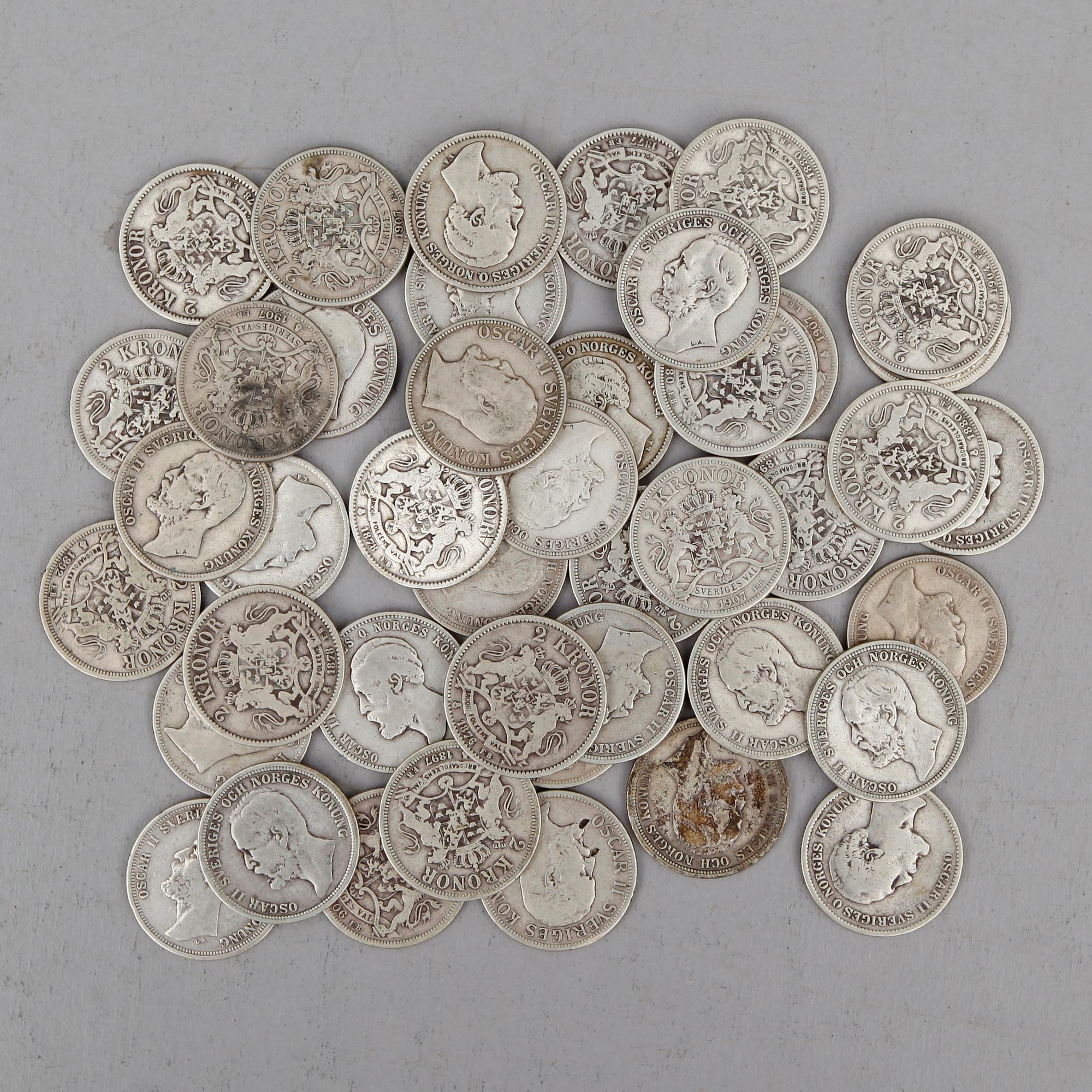 SAMLING SILVERMYNT, 2 kronor, Oscar II 1875-1907. Total vikt ca 632 gram.