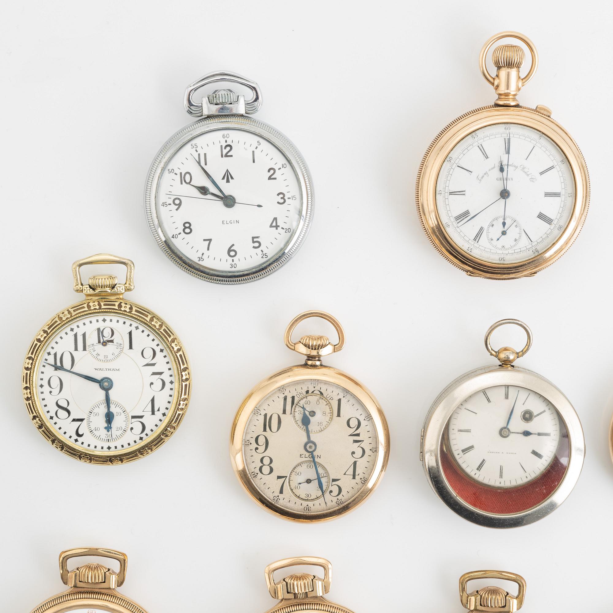 Samling fickur, 18 st, silver/pläterade.