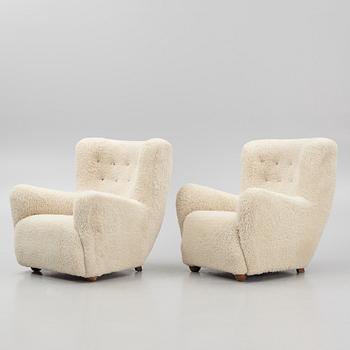 A pair of Danish Modern sheepskin armchairs, 1930's/40's.