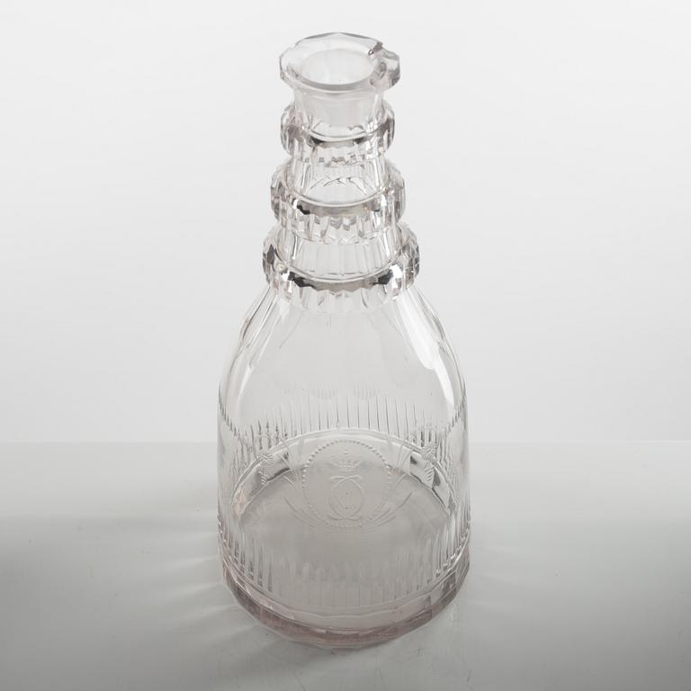 A glass decanter from Reijmyre Glasbruk, 1810s, engraved by Anders Spolander.