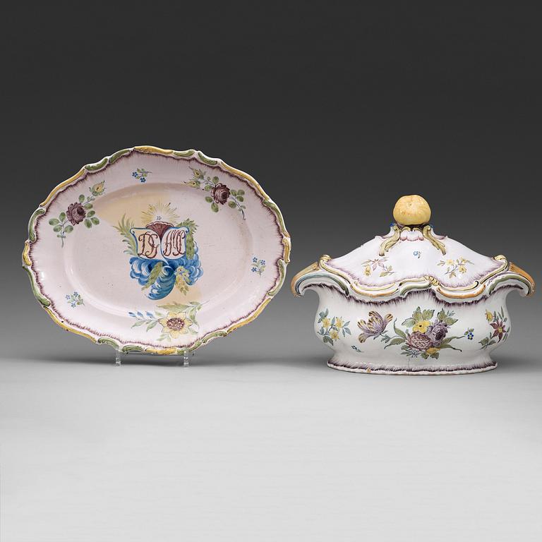 A Swedish faience tureen with cover and matched stand, Rörstrand, 18th Century.