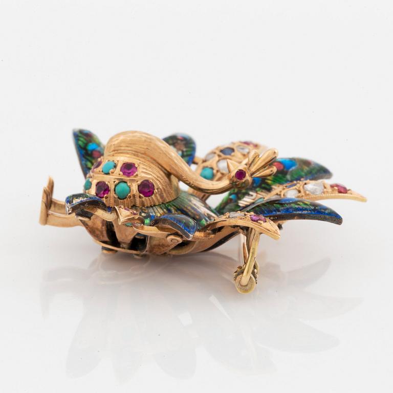 A 14K gold and enamel brooch set with rose-cut diamonds, sapphires and opals.