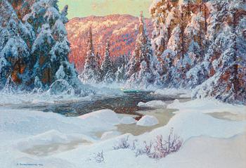34. Anshelm Schultzberg, "Vinterafton i vildmarken (motiv från Dalarne: Knifvadalen i Wika socken)" (Winter's Eve in the wilderness).