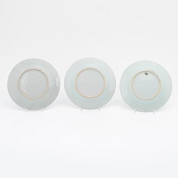 A blue and white serving dish and eight odd plates, Qing dynasty, 18th Century.
