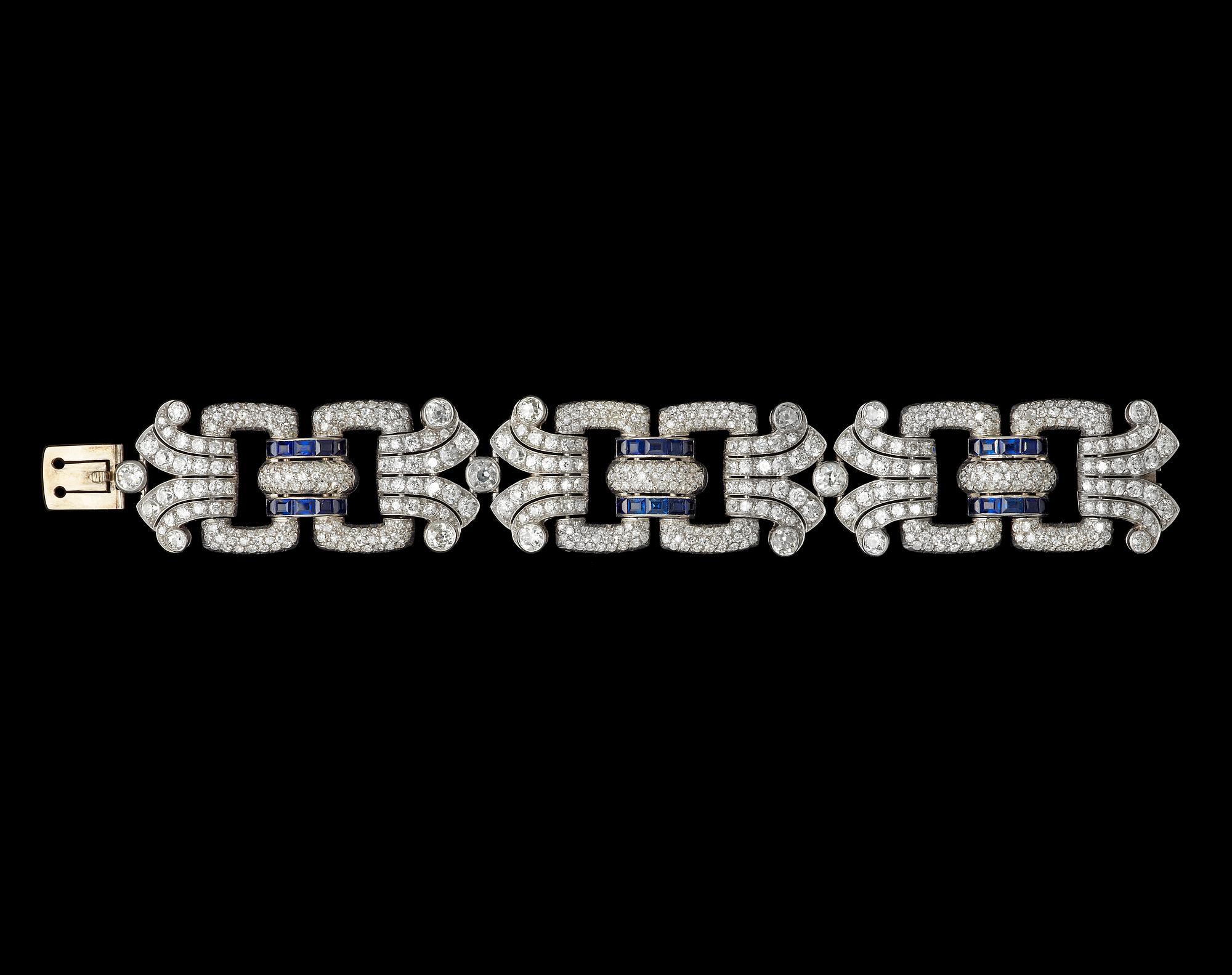 An Art Deco old cut diamond and blue sapphire bracelet, tot. app 30 and 5 cts, 1930's.