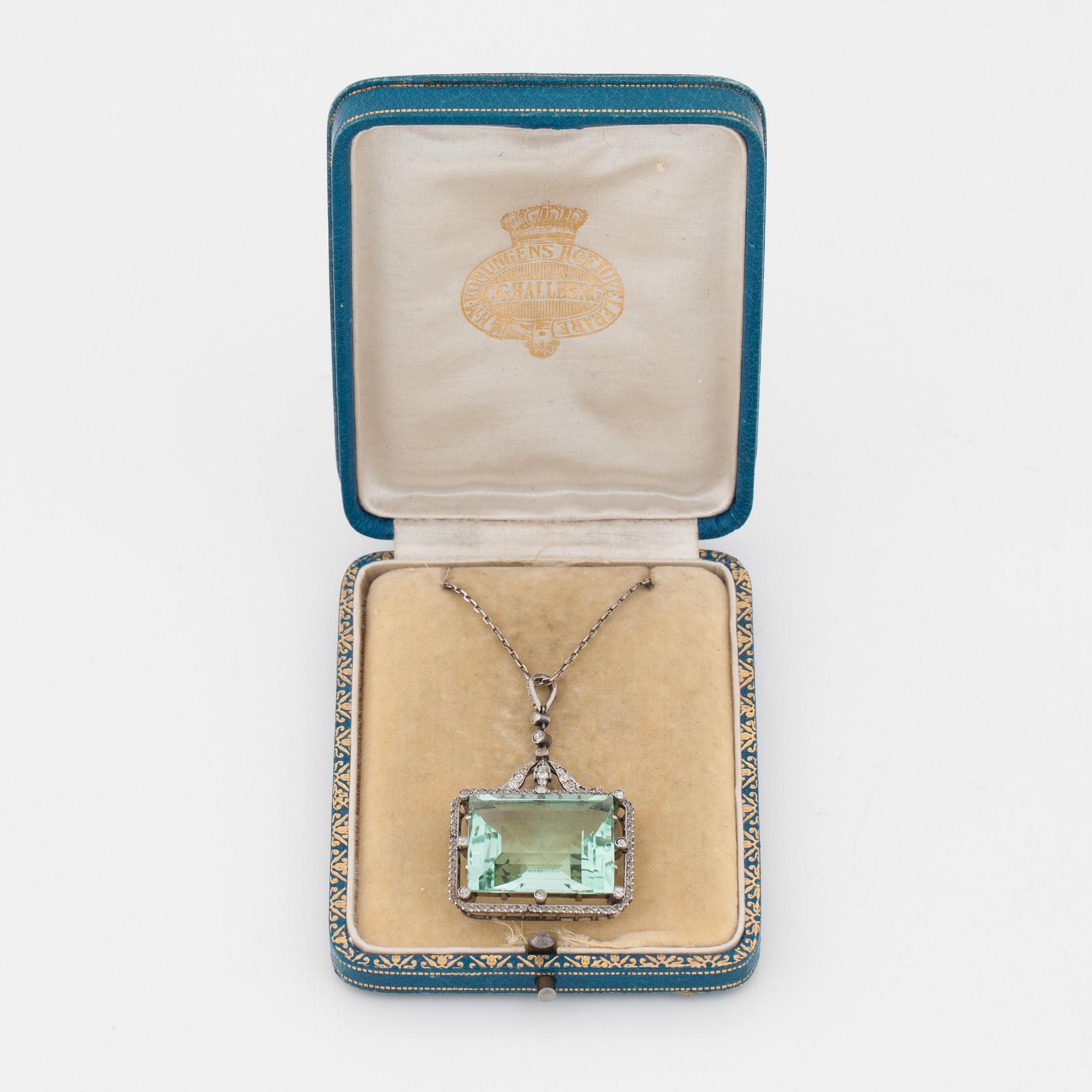 A circa 37.00 ct aquamarine and rose- and old-cut diamond pendant.