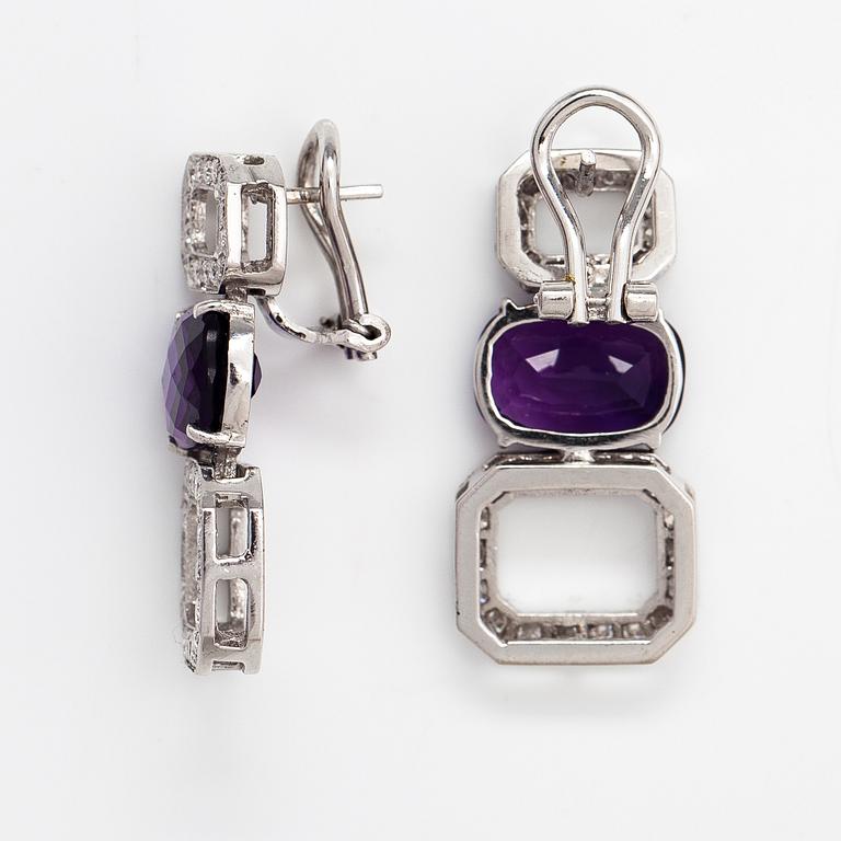 A pair of 18K white gold earrings with amethysts and diamonds ca. 1.24 ct in total. Italy.