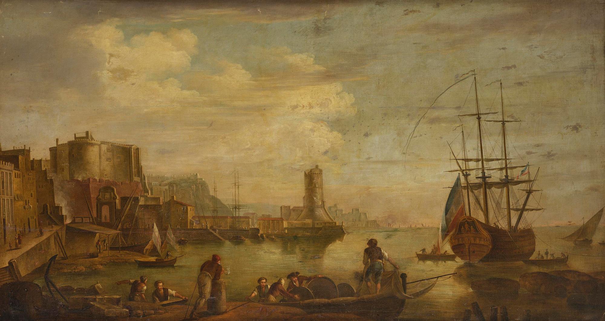 Claude Joseph Vernet, hans efterföljd, Hamnscen med båtar och figurer.