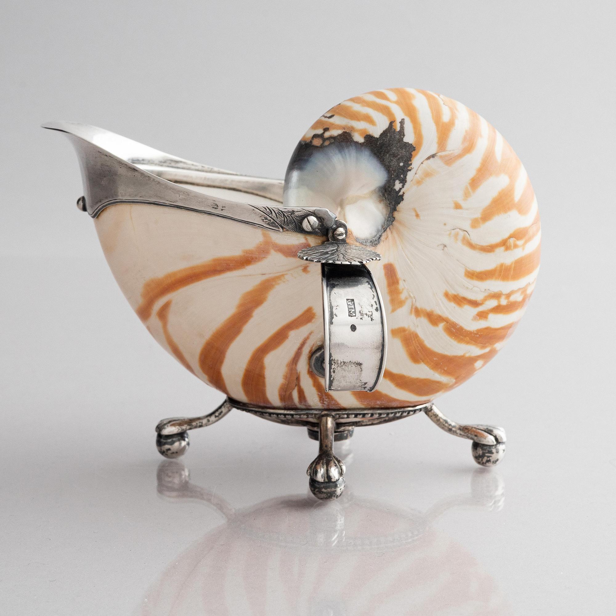 A Swedisk early 19th century silver-mounted shell, sauce-boat, mark of Gustav Ingelman, Kalmar (active 1813-1822).
