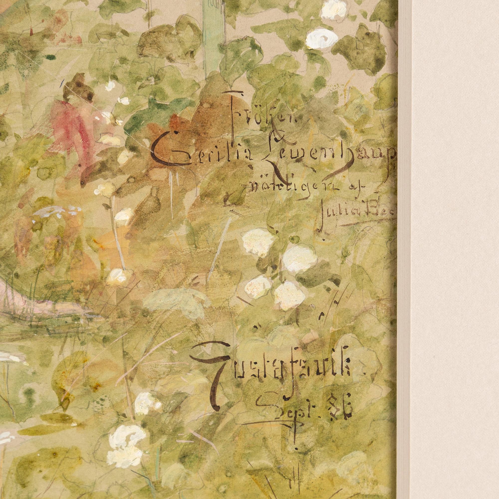 Julia Beck, Lady in pink in lush landscape.