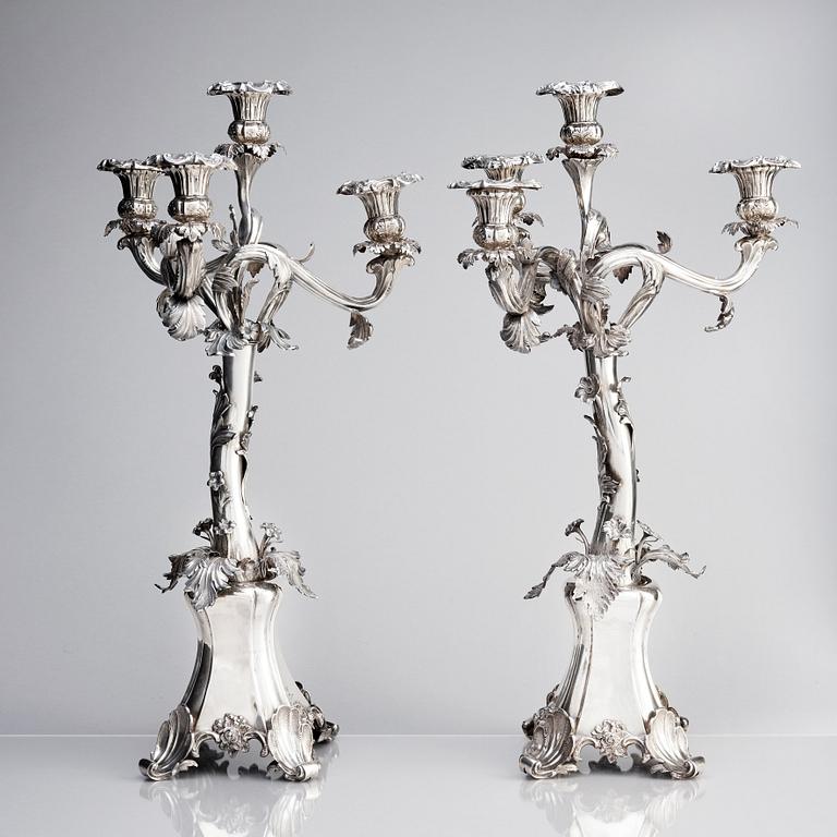 A pair of Swedish silver candelabra, mark of Gustaf Möllenborg-Féron, Stockholm 1856.