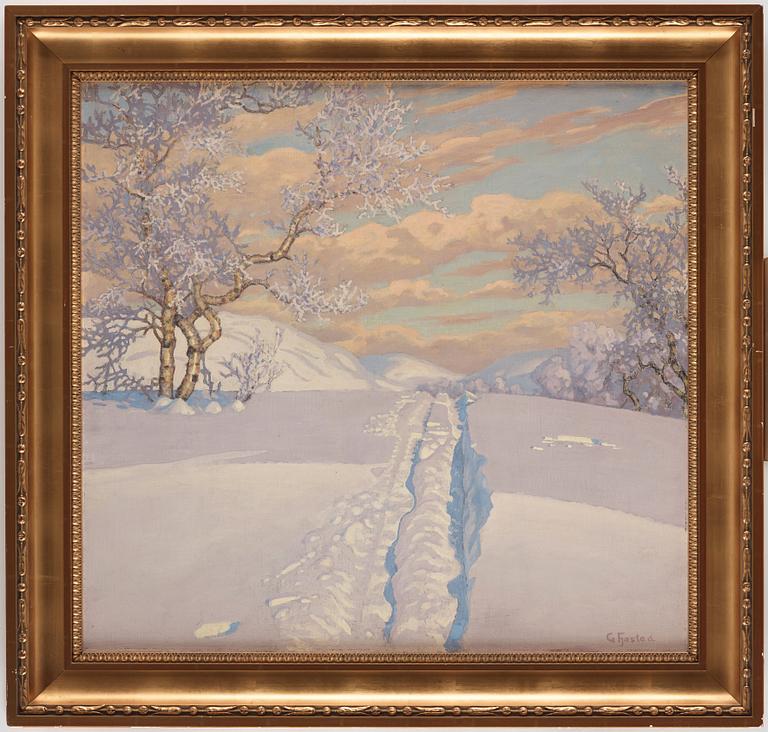 Gustaf Fjaestad, Winter landscape with ski tracks.