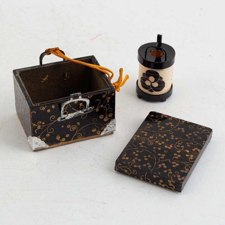 Doll, doll furniture, and table screen, Japan, wood, lacquer and paper, partly Showa, 20th century.