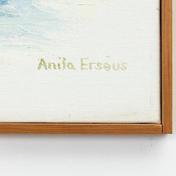 Anita Erséus, Still life with apples, flowers, bottle, and bowl.