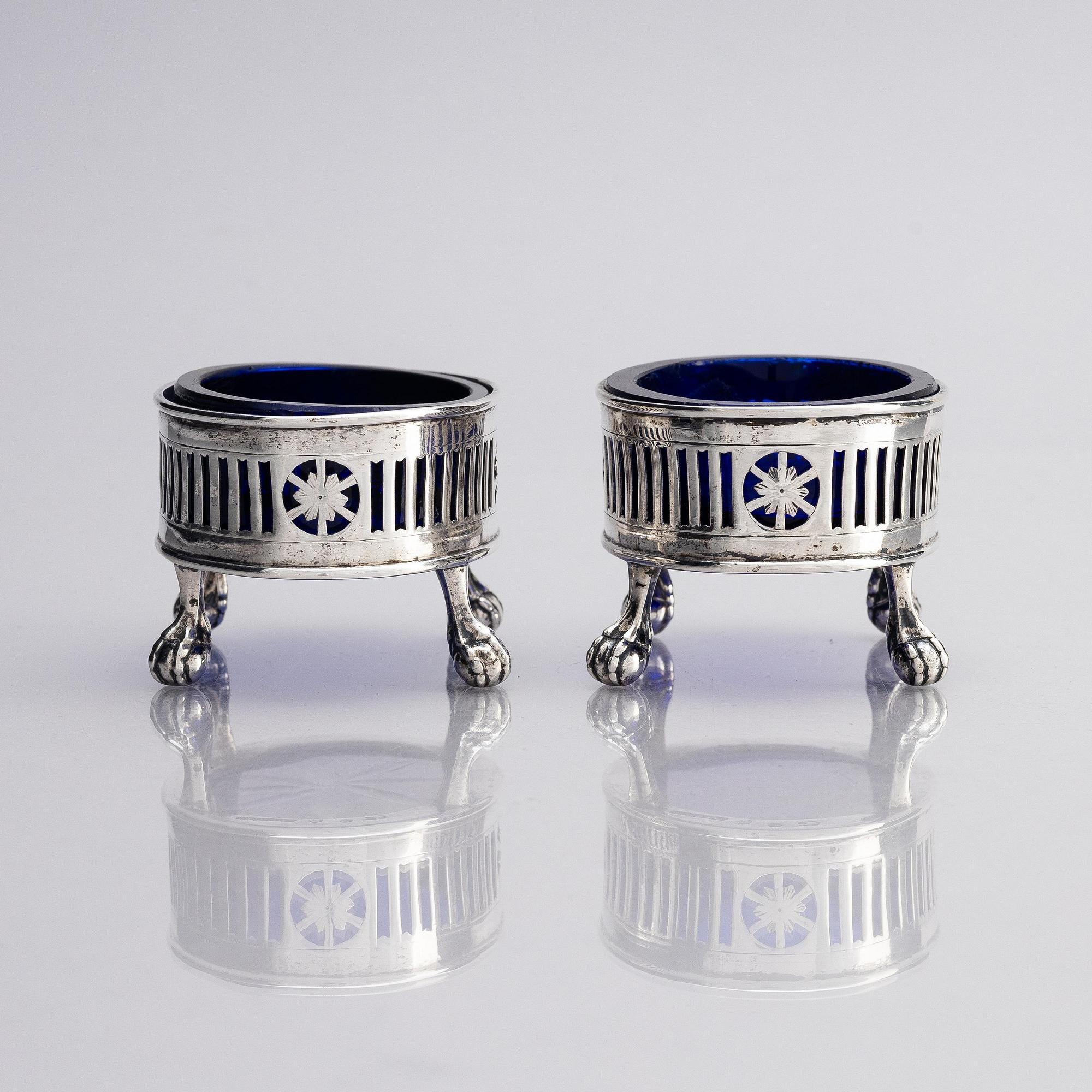 A pair of Swedish silver and glass salt cellars, marks of Arvid Floberg, Stockholm 1785.