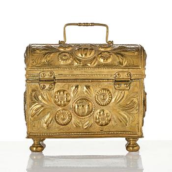 A Swedish baroque repousse brass box, dated 1707.