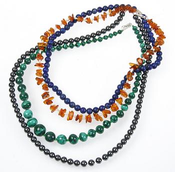 HALSBAND, 4 st, malakit, lapiz lazuli, bernsten samt hematit.