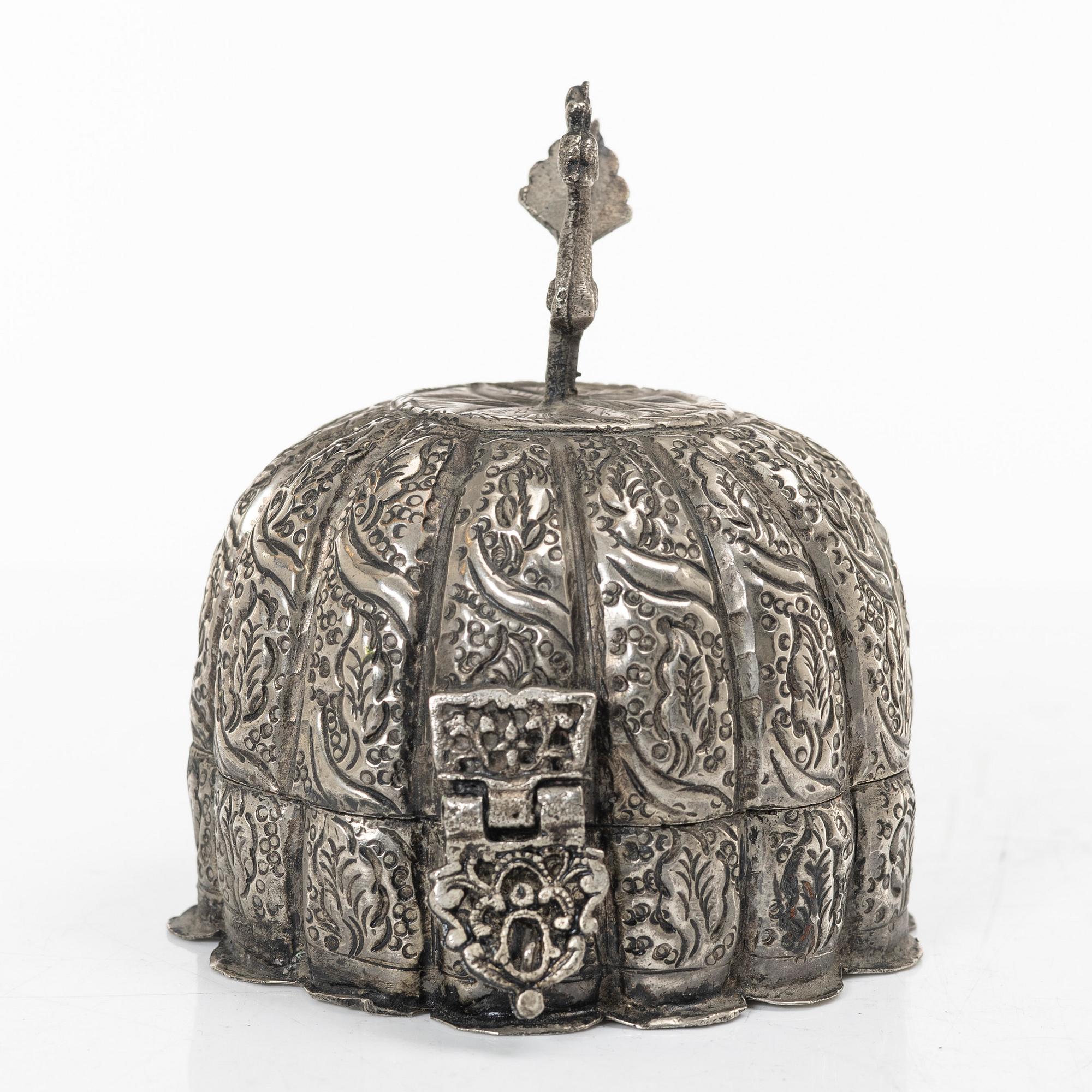 A silver on metal Mughal style box, India, circa 1900.