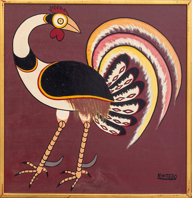 An 1970:s by Kasper Henrik Tedo so called Tingatinga- painting, bicycle paint on masonite, signed.