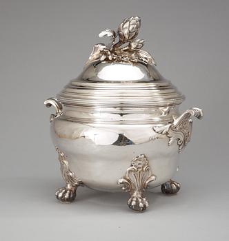 A Louis XV 1740's silvered brass/argent haché tureen with cover stamped with C couronné.