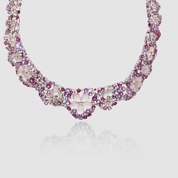 A rose quartz, amethist, tourmaline and brilliant-cut diamond, circa 3.28 in total, necklace.