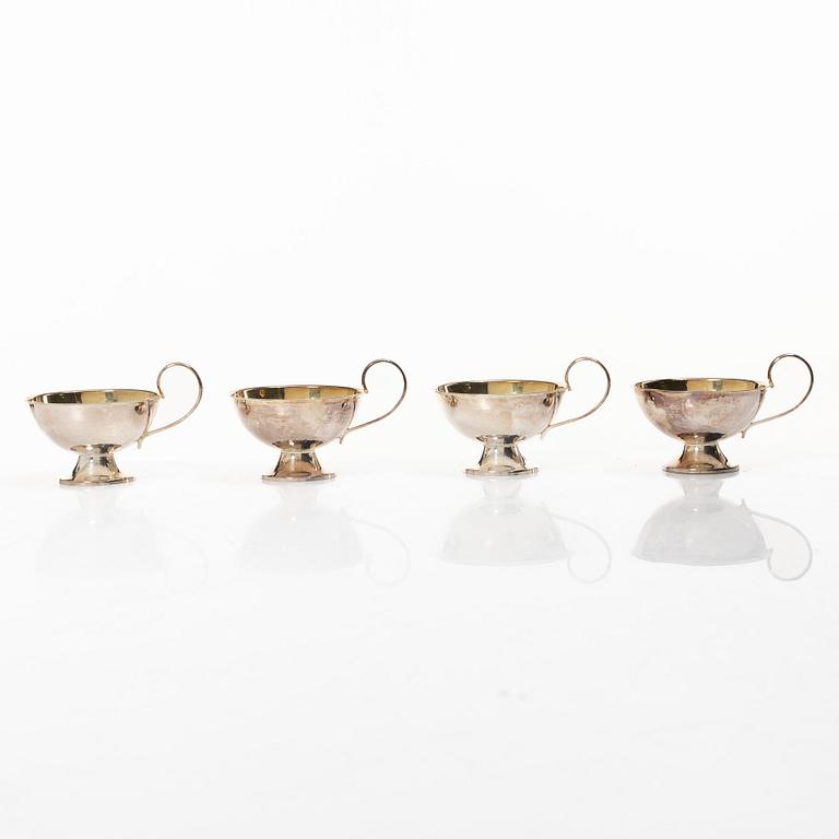 Sauceboat and four punch cups, silver, Sweden, 20th century.
