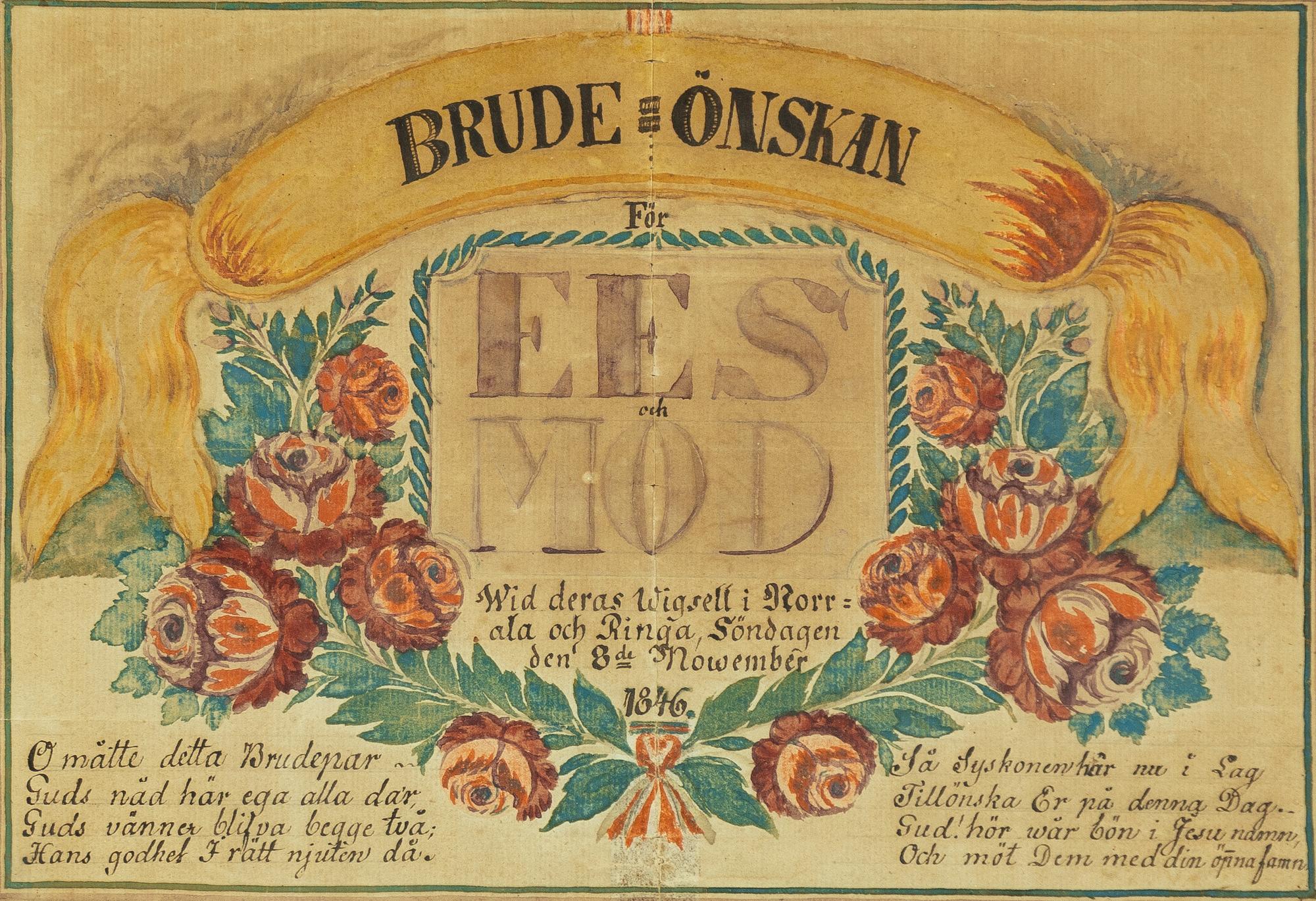 A Swedish wedding wish painting, dated 1846.