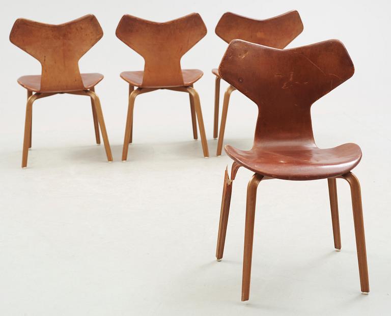 Three Arne Jacobsen teak and brown leather 'Grand Prix' chairs, Fritz Hansen, Denmark 1950's-60's.