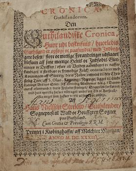 BOK, "Cronica Guthilandorum" av Hans Strelow, Köpenhamn 1633.