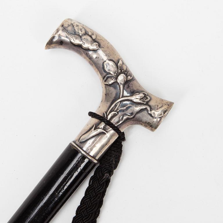 PROMENADKÄPP, trä, silverkrycka, art nouveau, Sverige 1900-talets början.