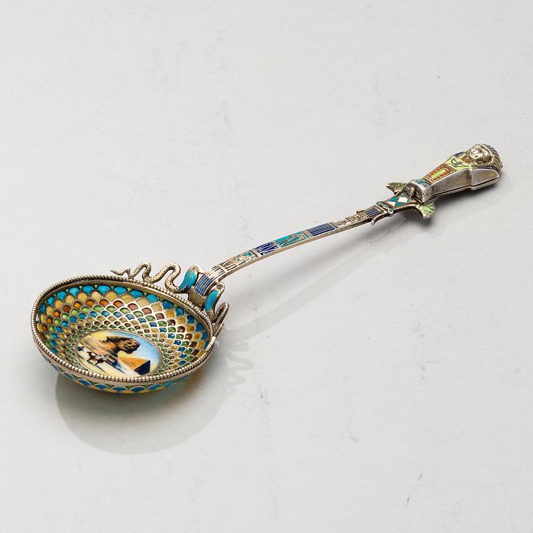 A SPOON, silver and enamel, egyptique revival, 1920s.