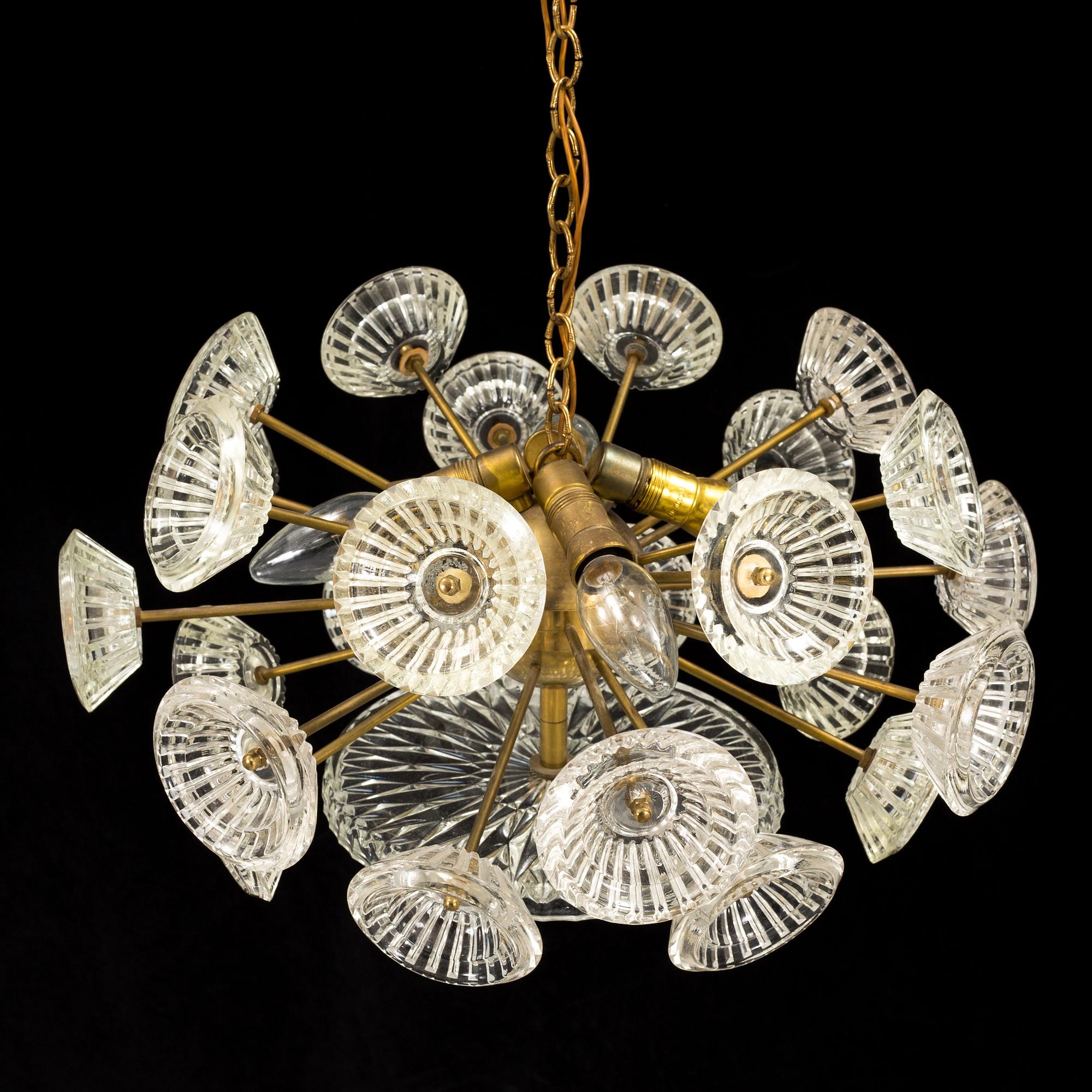 a 1950s/60s brass and glass ceiling light.