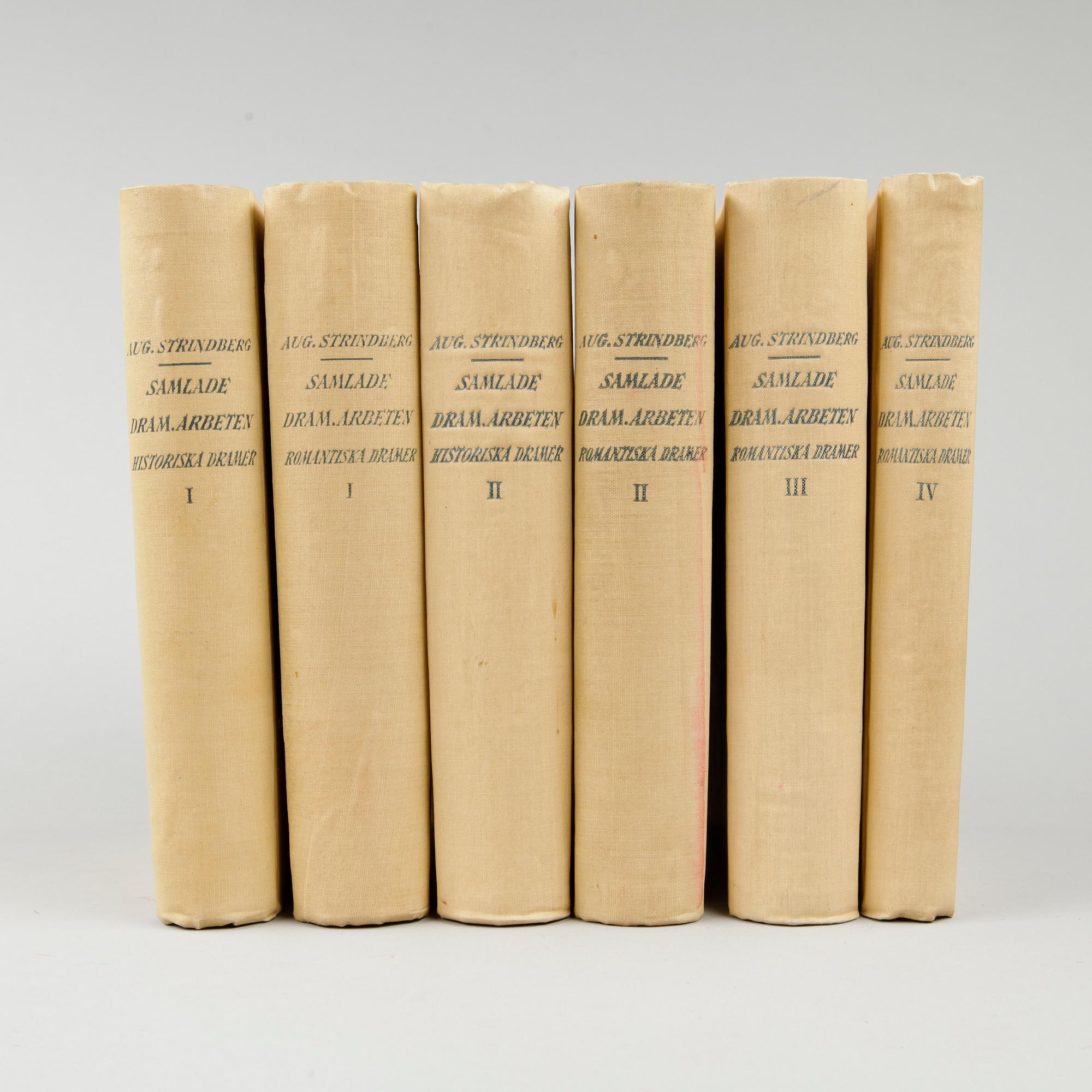 BOKVERK, 4+2 vol, "Samlade dramatiska arbeten: Romantiska dramer I-IV. Historiska dramer I-II", A. Strindberg, Stockholm 1903-04.