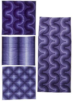 A CURTAIN AND SAMPLERS, 11 PIECES. Cotton velor. A variety of violet nuances and patterns. Verner Panton.