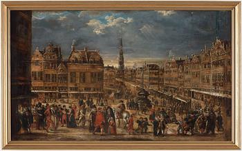 Joost Cornelisz. Droochsloot Tillskriven, Stadsbild med figurer på ett torg.