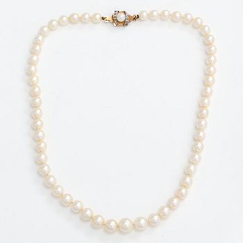 A pearl collier with cultured pearls, ca. 13K gold and rose-cut diamonds.