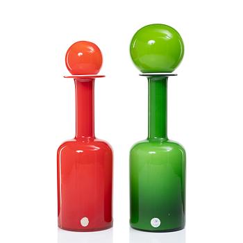 Otto Brauer, & Michael Bang, two glass decanters, Holmegaard, Denmark, 1960's/70's.