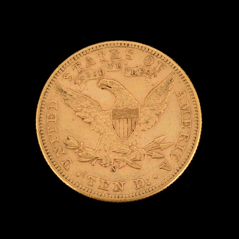 GULDMYNT, fine gold, 10 dollars, Liberty, USA. 1898. Vikt ca 17 gram.