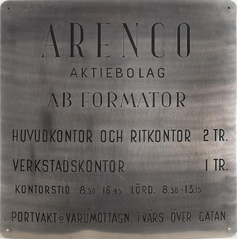 SKYLT, plåt, troligen 1930-tal.