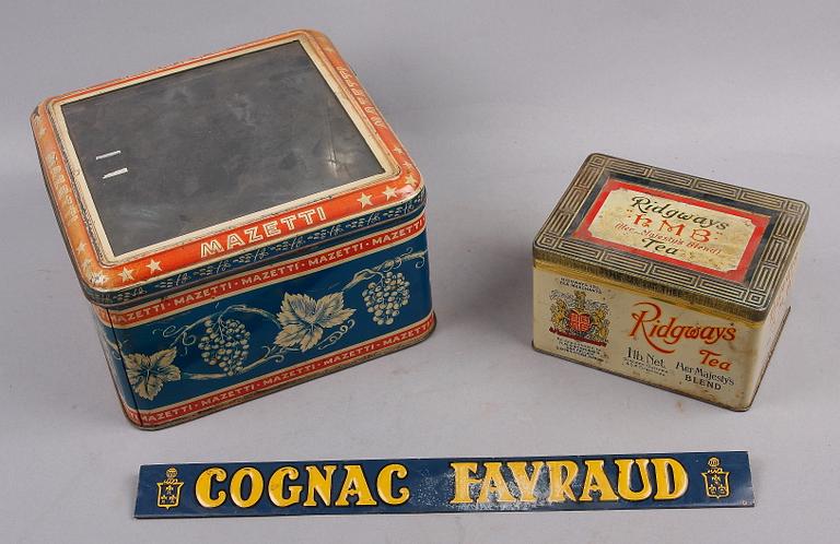 PLÅTBURKAR 5 st samt SKYLT. 1900-tal.