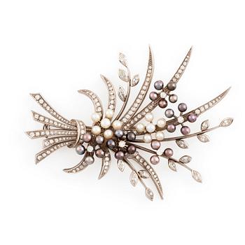 Strömdahls, white gold, pearl and diamond flower brooch.