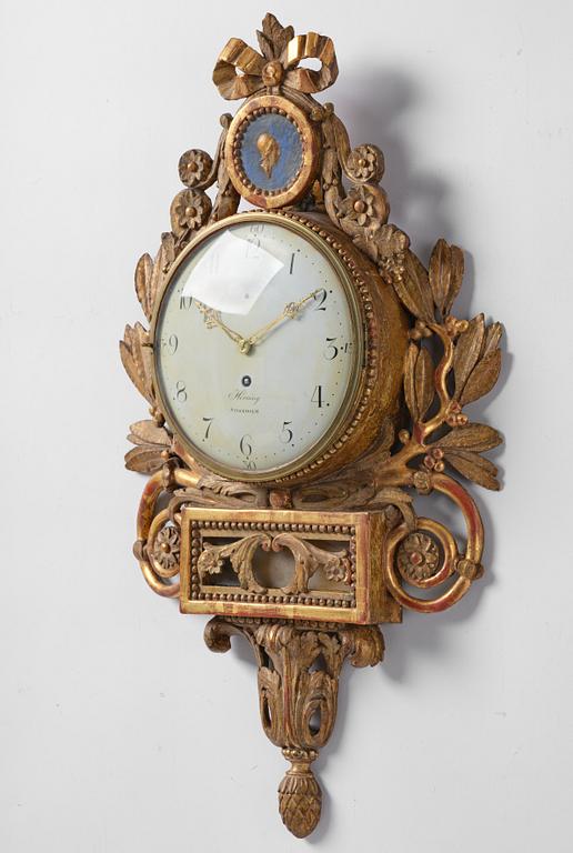 Wall clock, late Gustavian, Sven Peter Hörning (1750-1808, watchmaker in Stockholm, took over Petter Ernst's clock factory in 1785).