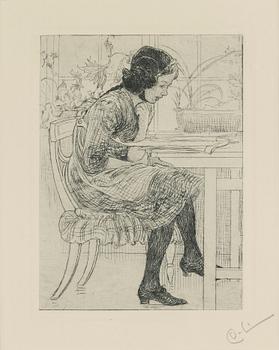 CARL LARSSON, etching, signed C.L. in pencil. Executed 1916. State 2. "Reading".