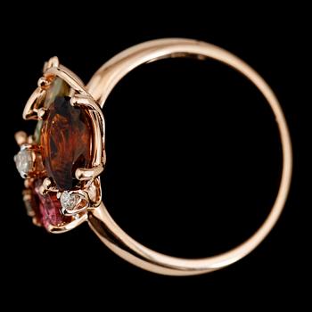 RING, 14K roséguld, topas, ametist, citrin och diamanter.