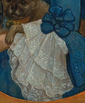 Unknown artist, 19th century, Noblewoman with a Dog, coat of arms featuring three hearts and a double-headed eagle.