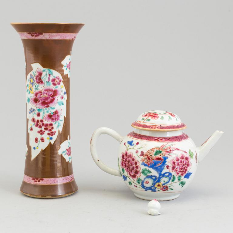 A famille rose teapot with cover, trumpetvase and bowl, Qing dynasty, Yongzheng (1723-35) and Qianlong (1736-95).