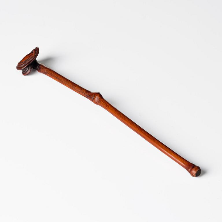 A hardwood bamboo shaped brushpot with a sceptre, China, 20th century.
