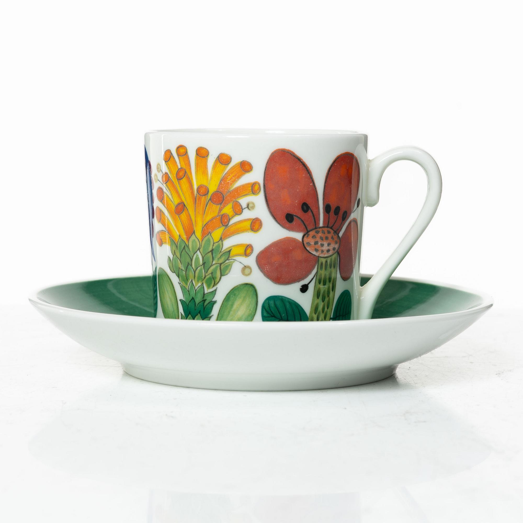 Stig Lindberg, kaffekoppar med fat, 6 st, benporslin, "Tahiti", Gustavsberg, 1970-73.