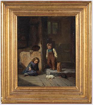 Gustaf Brandelius, 19th Century, Children playing with cats.