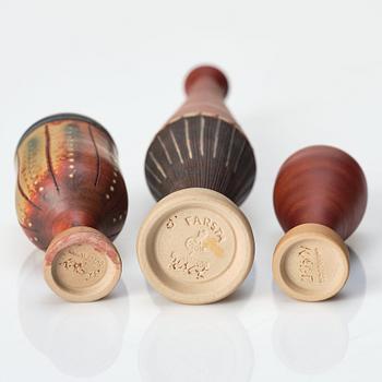 Wilhelm Kåge, a set of three miniature  'Farsta Spirea' stoneware vases, Gustavsberg studio, Sweden, one dated 1958.
